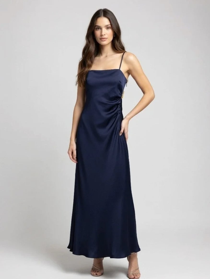 House Of Harlow 1960 Nwt Satin Ruched Maxi Dress In Navy Size Large